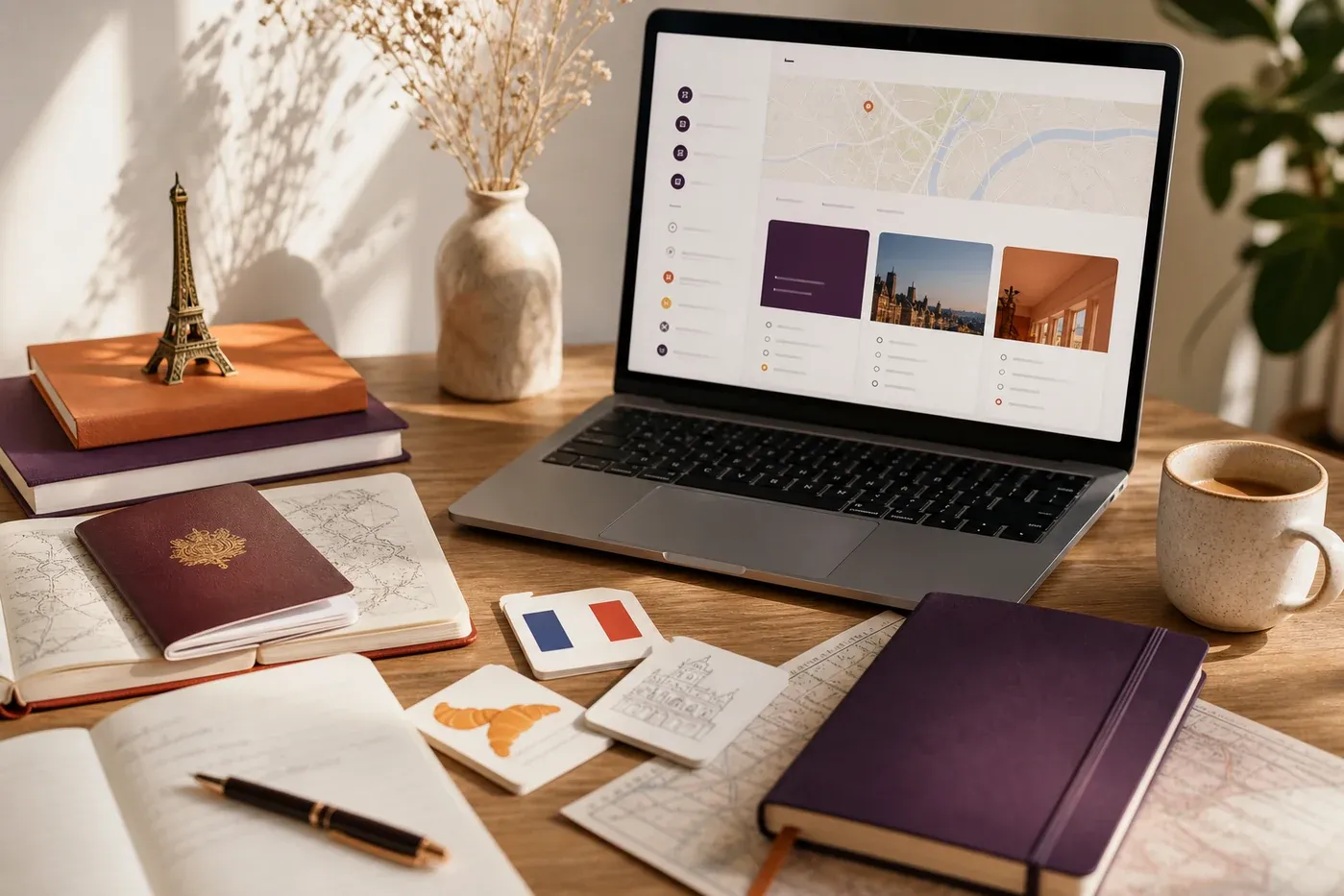 Bureau premium avec carnet, passeport et ressources de langues